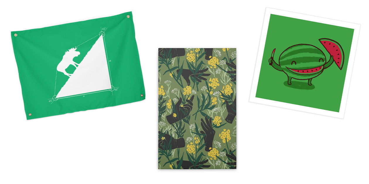 “Hypotamoose” Tapestry by housepetsoup, “Green Thumb” Vertical Stretched Canvas by Fred Hoffman, and “A Happy Slice of Life” Fine Art Print by randyotter3000