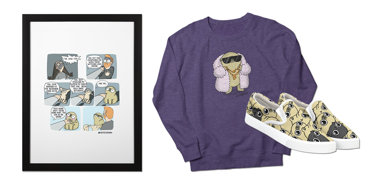 "Family in times of Covid 19" Framed Fine Art Print, "Cool Mochi the Pug" French Terry Sweatshirt, and "Pug Pattern" Bucketfeet Women's Shoes
