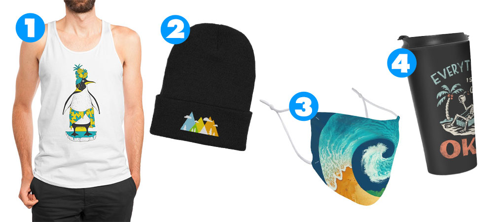 1. “Tropical Ice” Men’s Tank by migspnz, 2. “Wander” Cuffed Knit Beanie, 3. “Spiral Beach” Regular Face Mask by Waynem, 4. “Okay” Travel Mug by skitchism