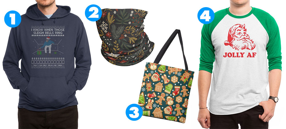 1. “Drake - Christmas Jumper - Hotline” Men’s Pullover Hoody by RedRainDesigns, 2. “Christmas Holiday Night 20” Neck Gaiter by mmartabc, 3. “Gingerbread Cookies Christmas Pattern” Tote by r4design, 4. “Jolly AF” Men’s Baseball Triblend by 3bagsfulltees