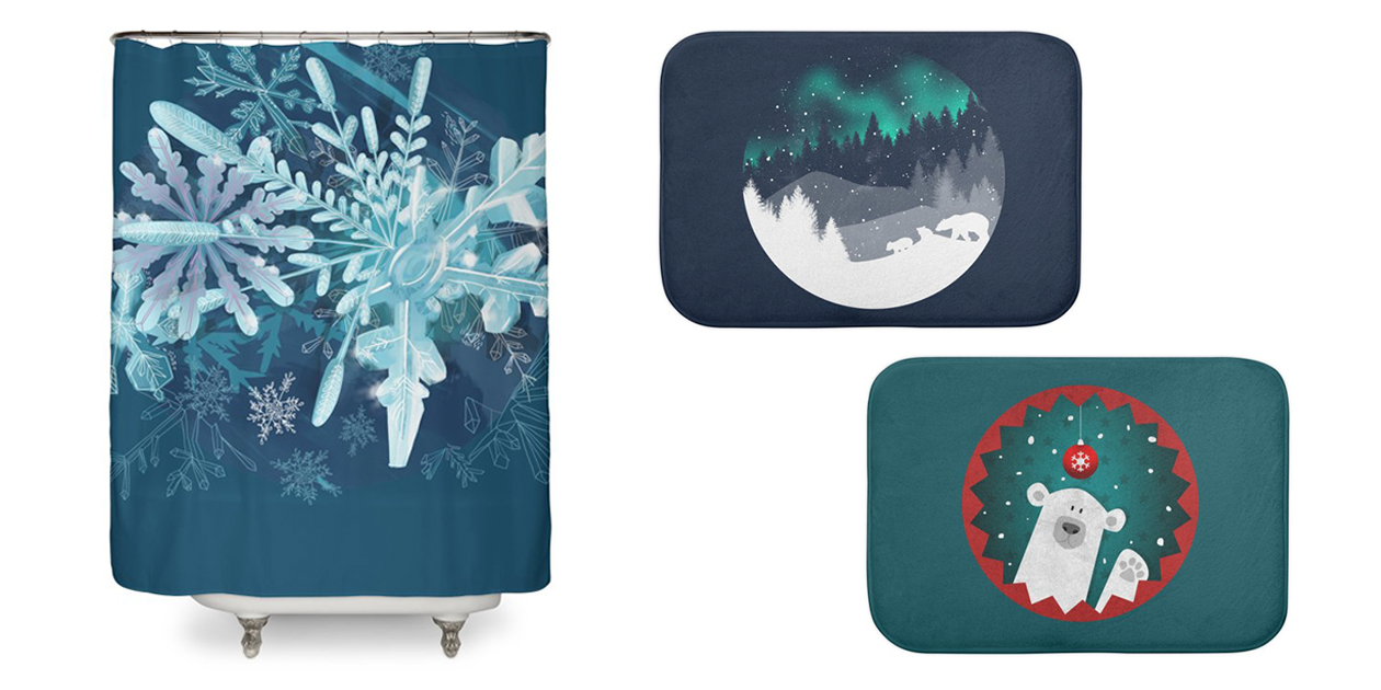“Snowflakes” Shower Curtain by milka, “Stardust Horizon” Bath Mat by Tobe Fonseca, and “Cute Polar Bear Winter Christmas with Snowflakes” Bath Mat by Poking the Beast