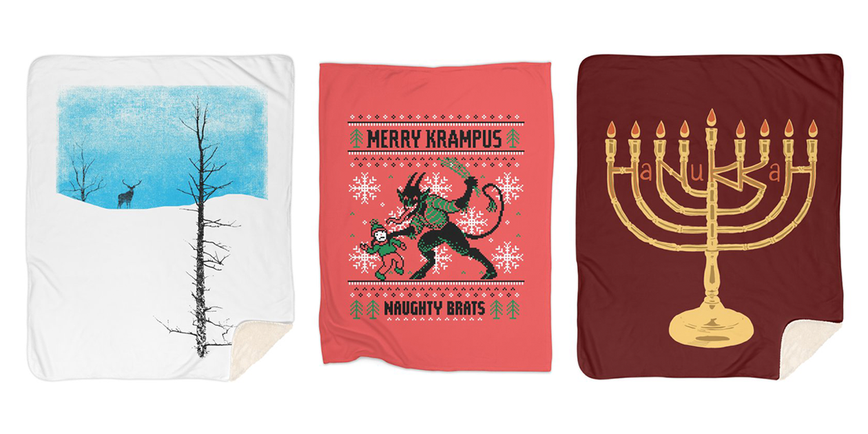 “Lonely Tree” Sherpa Blanket by bulo, “Naughty Brats” Fleece Blanket by thunderpeel, and “Hanukkah” Sherpa Blanket by BigfootAR