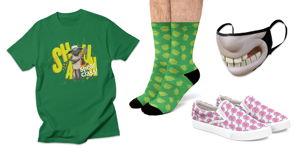 “Shear Class” Men’s Regular T-Shirt, “Carrot Pattern” Socks, “Wallace” Premium Face Mask, and “Rainy Pig” Bucketfeet by Aardman
