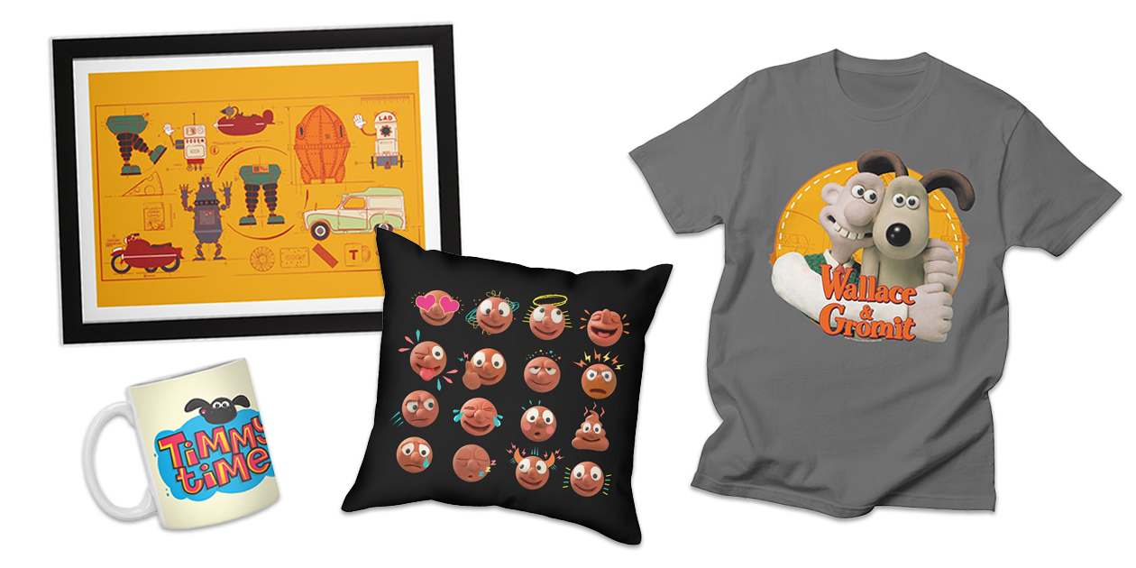 “Inventions” Framed Fine Art Print, “Timmy Time Logo” Standard Mug, “Morph Emoji” Throw Pillow, and “Wallace & Gromit” Men’s Regular T-Shirt by Aardman