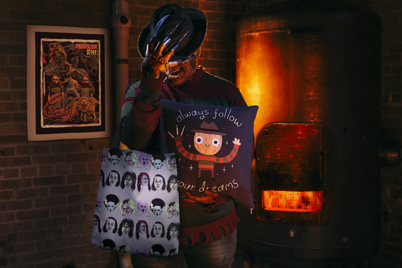 “Horrorscope” Framed Fine Art Print by khairulanam87 and kooky love, “Horror Femmes” Tote Bag by Ego Rodriguez, and “Always Follow Your Dreams” Throw Pillow by DinoMike