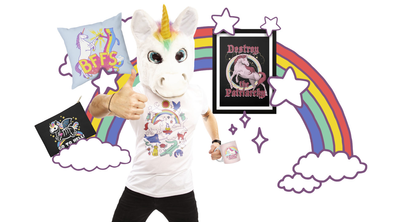 “Skeleton Unicorn” Zip Pouch by NemiMakeit, “BFFS” Throw Pillow by Hillary White, “Unicorns!” Men’s Regular T-Shirt by Obinsun, and “Destroy the Patriarchy” Framed Fine Art Print by thiagocorrea