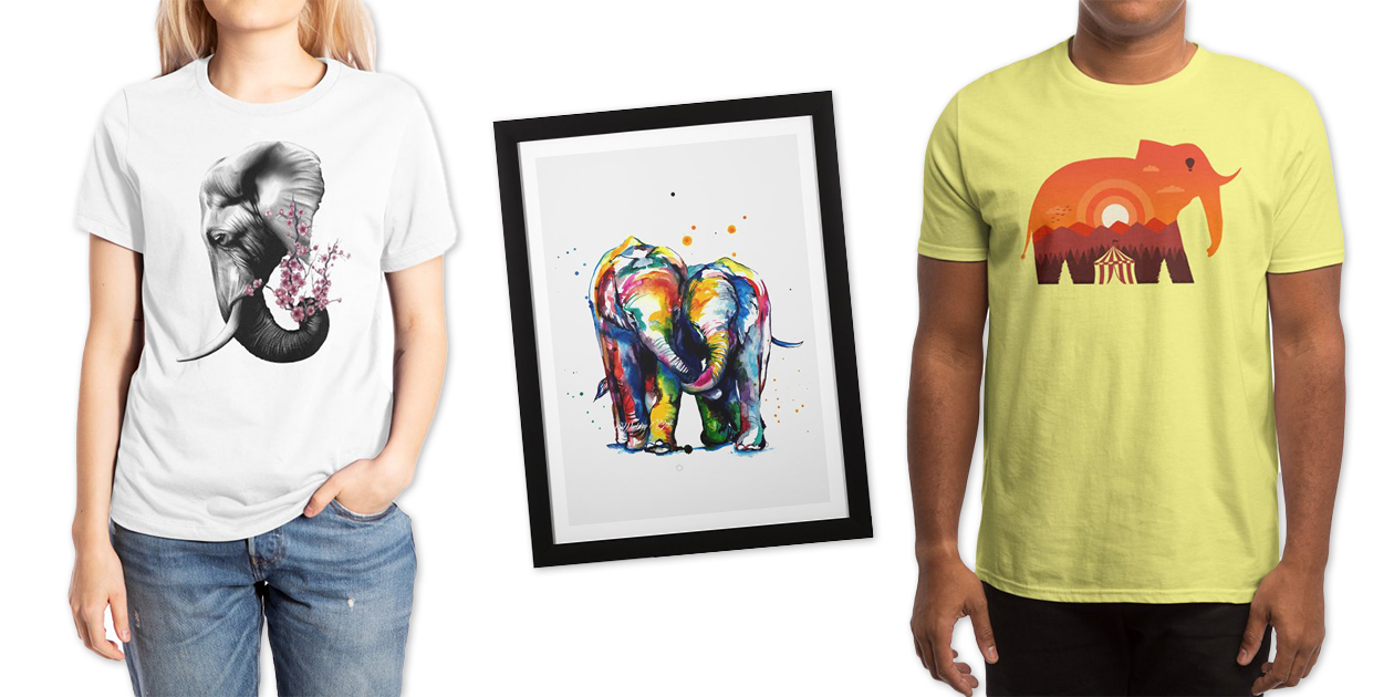 “Elephant Flower” Women’s Extra-Soft T-Shirt by maxha, “Painting Elephant” Framed Fine Art Print by Fridayme, and “Nature” Men’s Regular T-Shirt by Coffee_man