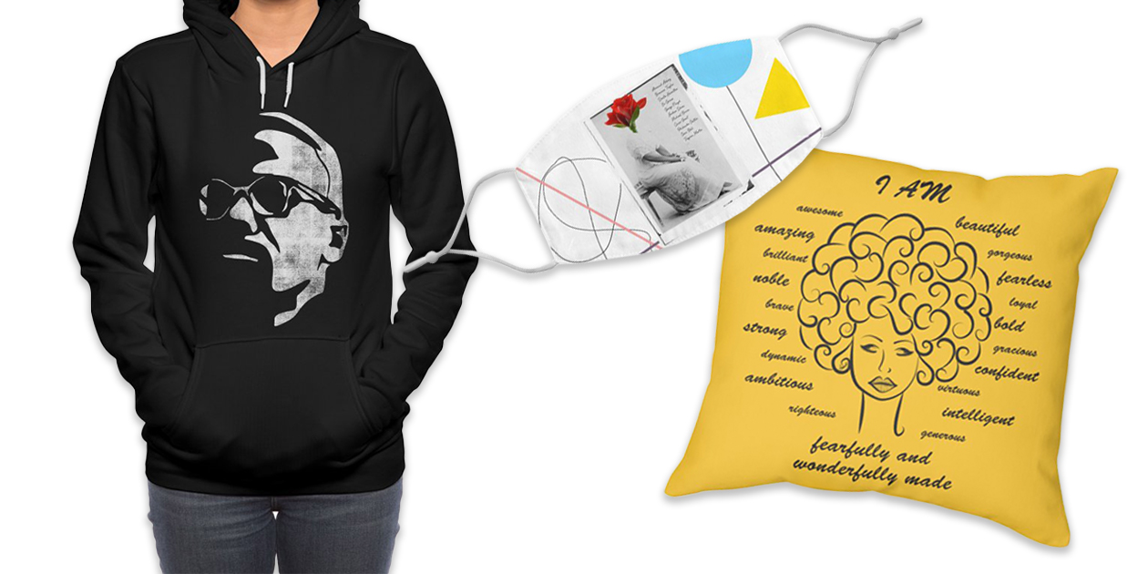 MX” Women’s Pullover Sponge Fleece Hoodie by bulo, “Identity” Throw Pillow by Amaris Art & Design, and “Breathe” Regular Face Mask by V A N L A W R E N C