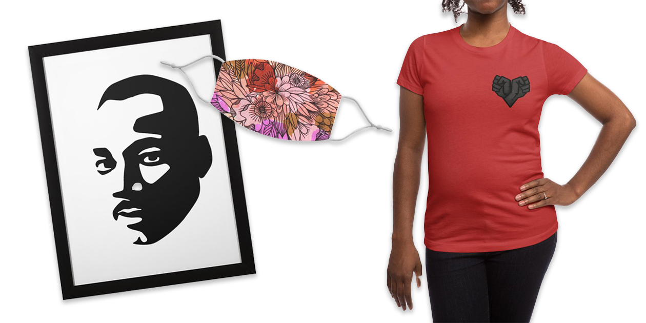“MLK” Framed Fine Art Print by bulo, “Summer flowers warm colors” Regular Face Mask by Floresta moon, and “Black Heart” Women’s Fitted T-Shirt by Rodrigobhz