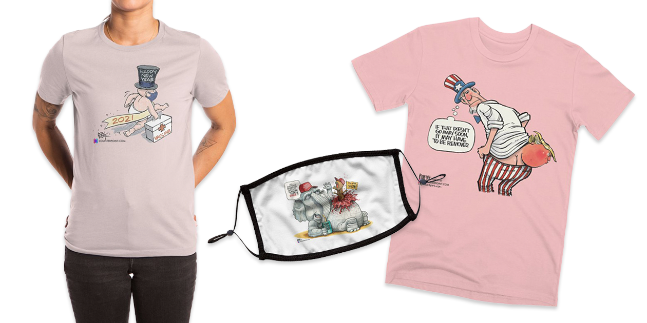 “2021” Women’s Extra-Soft T-Shirt by Chip Bok, “Alien” Premium Face Mask by Kevin Kal Kallaugher, and “Removal” Men’s Premium T-Shirt by Rick McKee, available in Counterpoint’s Artist Shop
