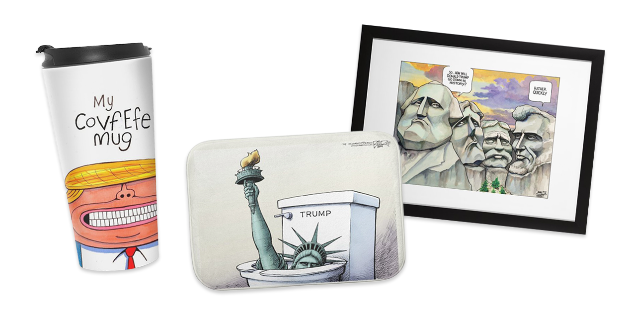 “My Covfefe Mug” Travel Mug by Christ Britt, “In the Toilet” Bath Mat by Nate Beeler, and “Rushmore” Framed Fine Art Print by Kevin Kal Kallaugher, available in Counterpoint’s Artist Shop