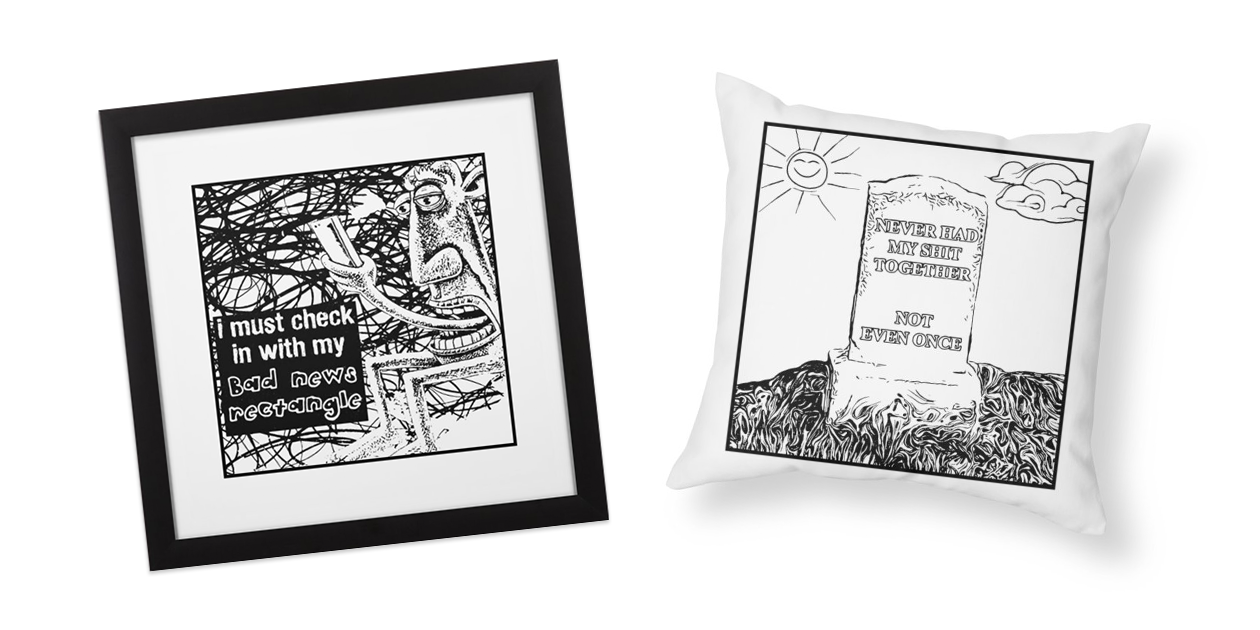 “Bad News Rectangle” Framed Fine Art Print and “Never Had My Shit Together” Throw Pillow by This is a Flesh Prison