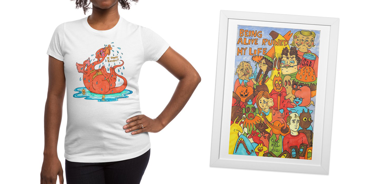 “Existential Dragon” Women’s Fitted T-Shirt and “Being Alive Ruined My Life” Framed Fine Art Print by Thunderpuss