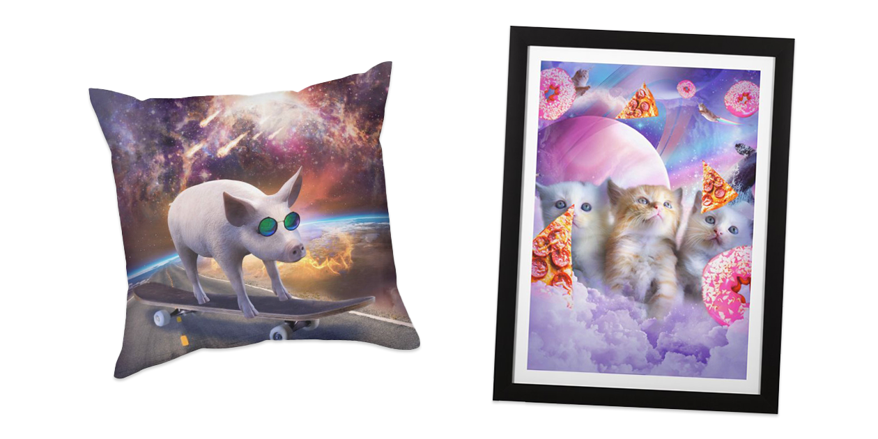 “Pig Wearing Glasses on Skateboard in Space” Throw Pillow and “Kitten Cat in the Clouds, Donut And Pizza” Framed Fine Art Print by Random Galaxy