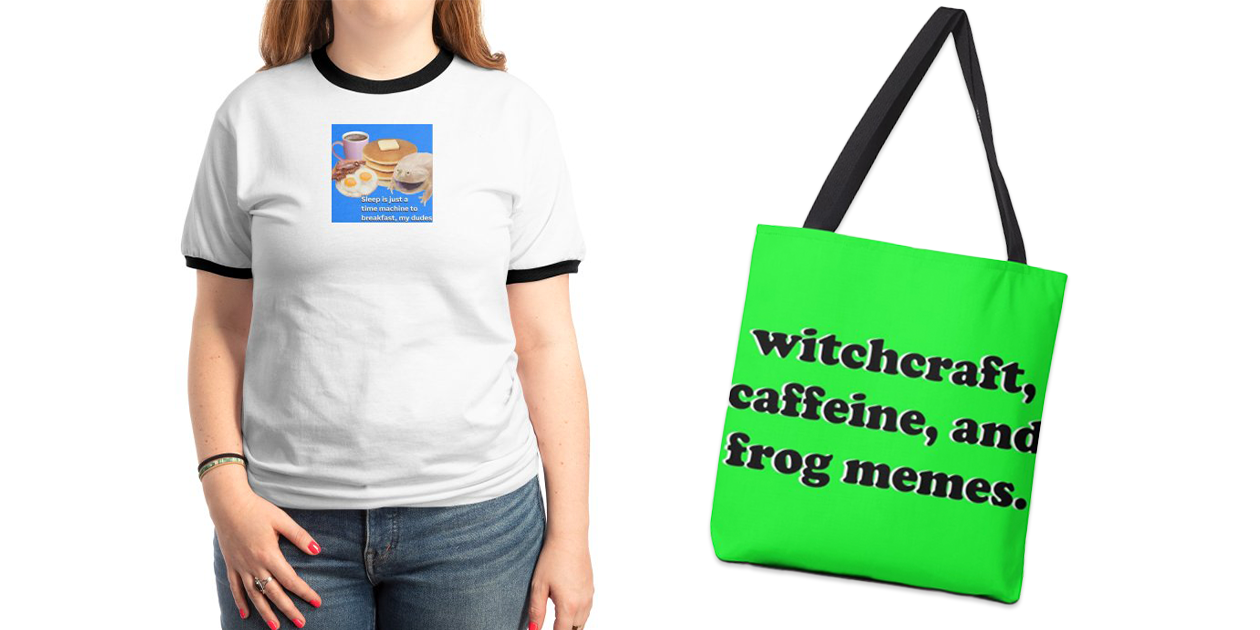 “Breakfast, My Dudes” Unisex Ringer and “Witchcraft, Caffeine, and Frog Memes” Tote Bag by Frog Witch