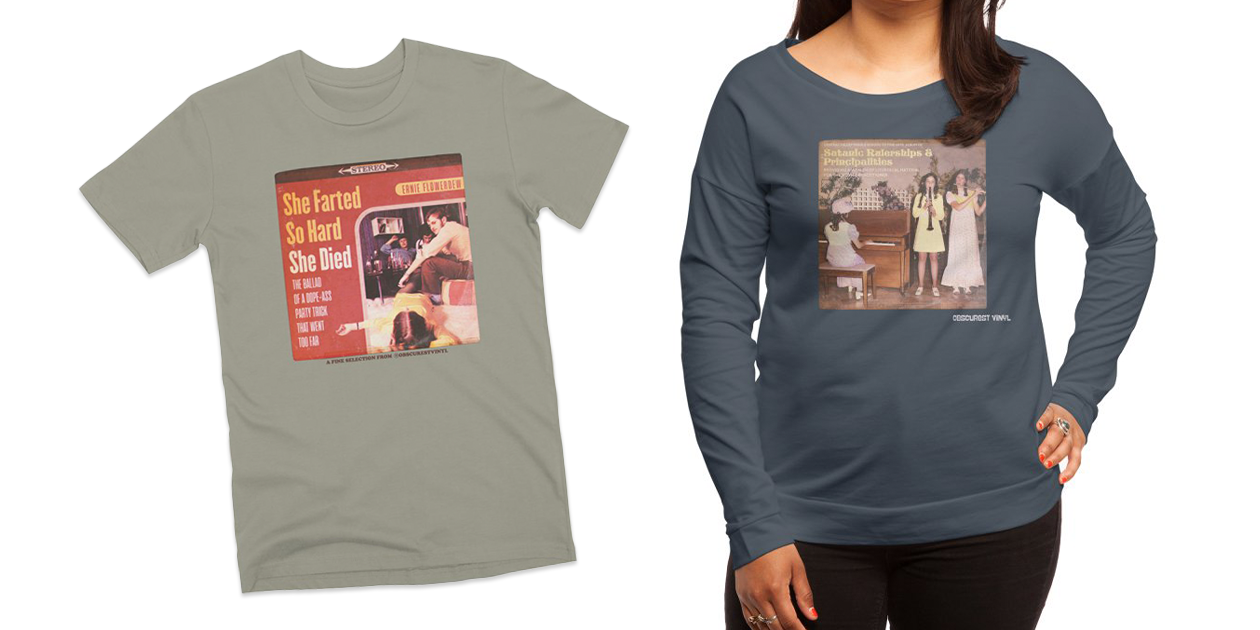 “She Farted So Hard She Died [Album Cover]” Men’s Premium T-Shirt and “Satanic Rulerships & Principalities [Album Cover]” Women’s Scoop Neck Longsleeve T-Shirt by Obscurest Vinyl