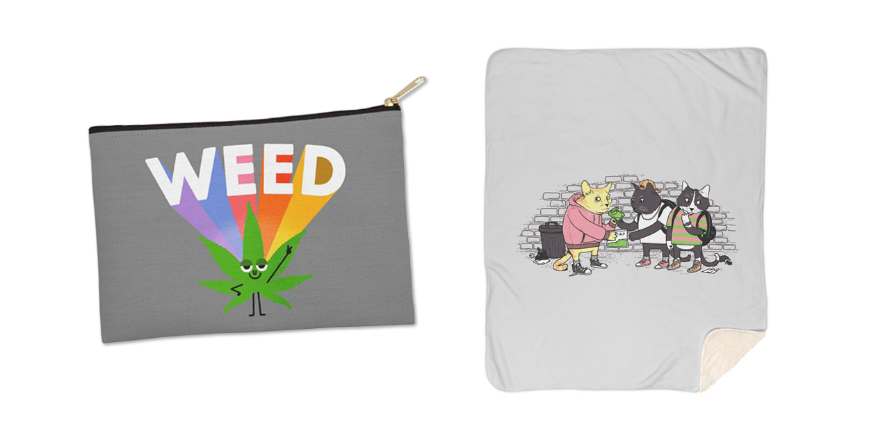 “Weed” Zip Pouch by maurogatti and “Meowy Wowy” Sherpa Blanket by tenso