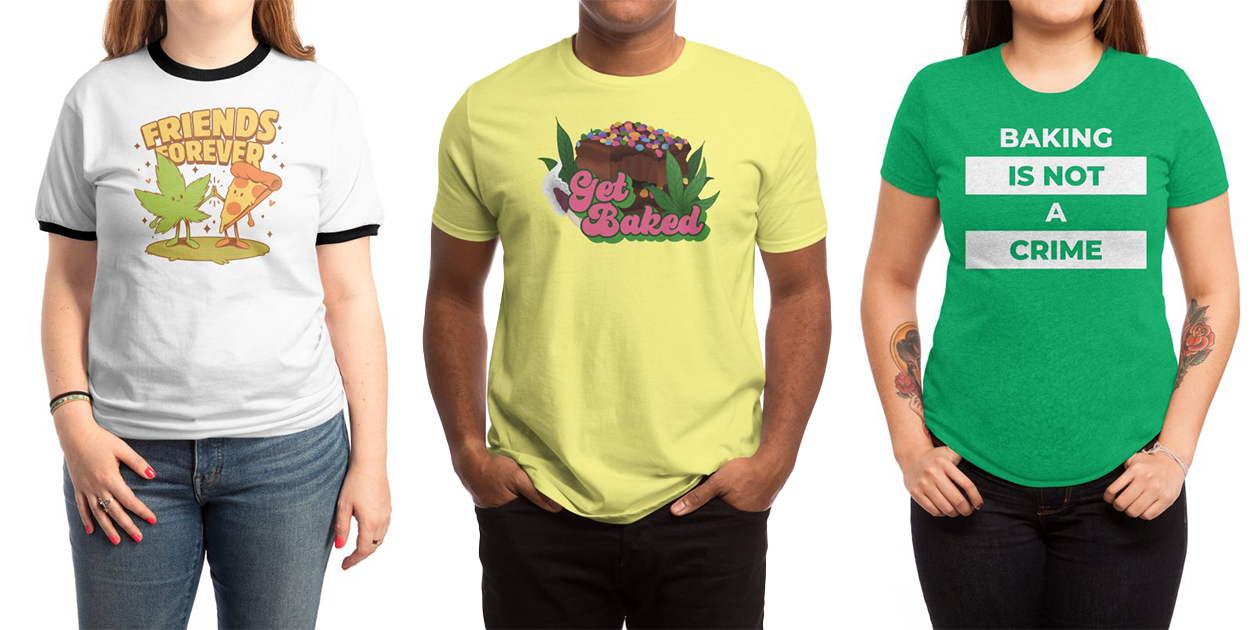 “Forever Friends” Unisex Ringer T-Shirt by Ilustrata, “Get Baked” Men’s Regular T-Shirt by Sarah_Lillian, and “Baking is Not a Crime” Women’s Triblend T-Shirt by gulayfather