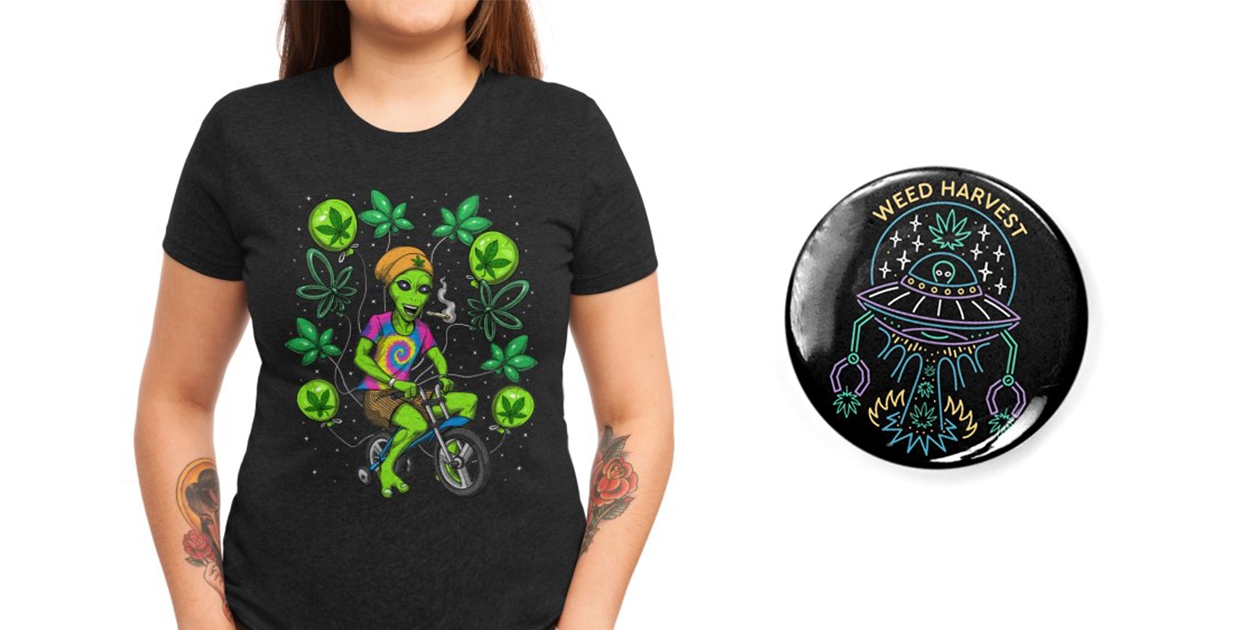 “Alien Hippy Stoner Party” Women’s Triblend T-Shirt by AkashaTees and “Alien Harvest” Pin by TerpeneTom