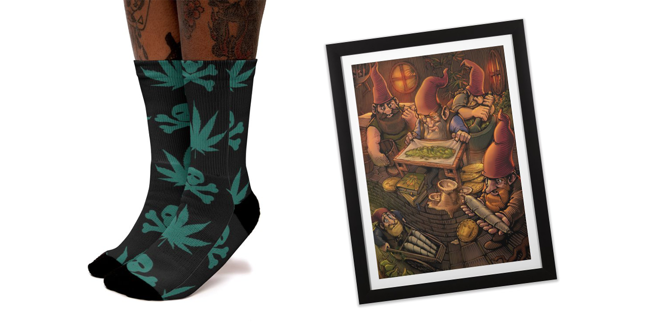 “Weed | Marijuanna | Cannabis” Socks by Kosmos Origins and “Gnome Workshop” Framed Fine Art Print by TerpeneTom