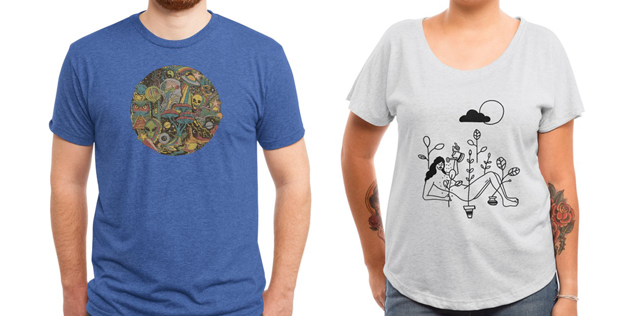 “Your Mind’s Eye” Men’s Triblend T-Shirt by Steven Rhodes and “Shower” Women’s Scoop Neck Dolman T-Shirt by ninhol