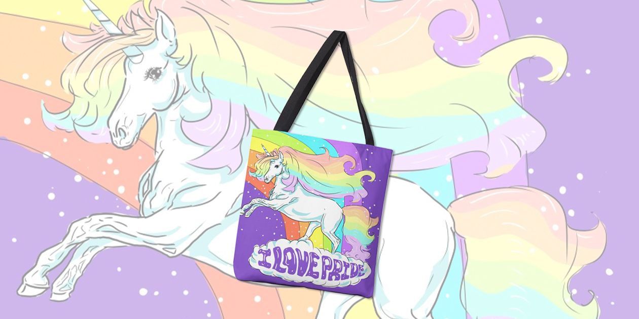 “I Love Pride” Tote Bag by Aidadaism benefits The Trevor Project and the It Gets Better Project.