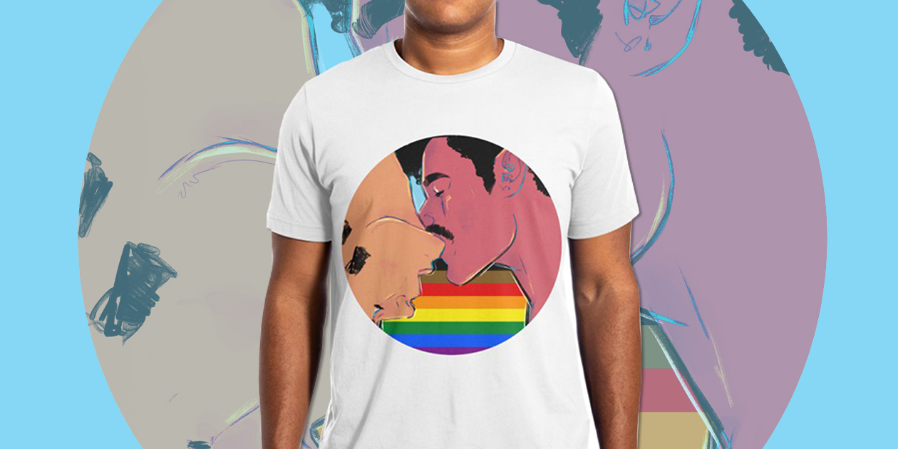 “One Love Pride” Men’s Extra-Soft T-Shirt by Ego Rodriguez benefits The Trevor Project and National Queer and Trans Therapists of Color Network.