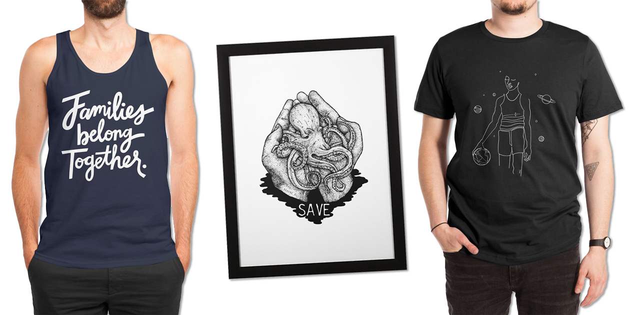 “Families Belong Together” Men’s Regular Tank by 5EyeStudio, “Save the World” Framed Fine Art Print by maybe_rus, and “All Star Game” Men’s Extra-Soft T-Shirt by ninhol