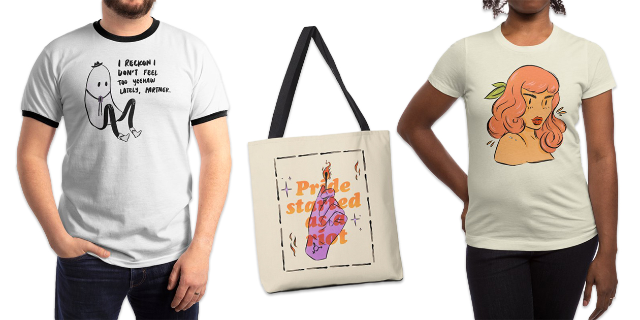 “Yeehaw” Men’s Ringer T-Shirt, “Pride Started As A Riot” Tote, and “Peachy Babe” Women’s Fitted T-Shirt by Sophie McTear