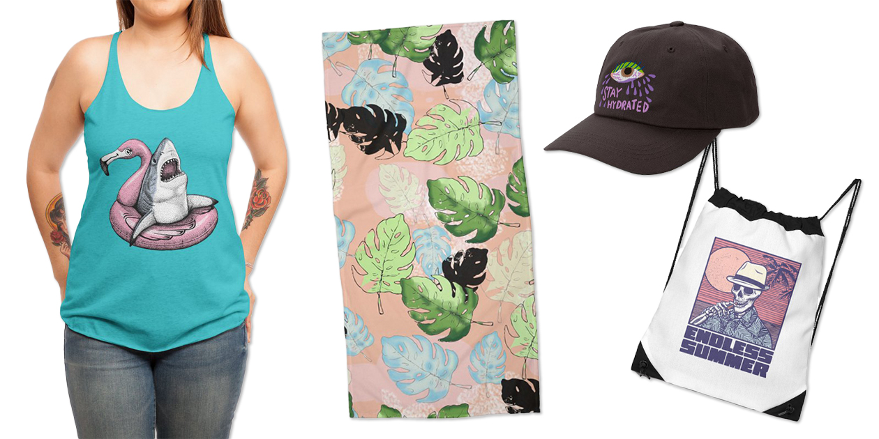 “Ahhh. Time to Relax.” Women’s Racerback Tank by HabbyArt, “Tropical Jungle 302 C” Beach Towel by Muktalata Barua, “Stay Hydrated” Dad Hat by Char Bataille, and “Endless Summer” Drawstring Bag by Victor Calahan