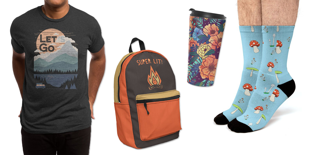 “Let’s Go” Men’s Triblend T-Shirt by NDTank and ThePaperCrane, “Super L/T” Backpack by dylmor, “Wild Flowers” Travel Mug by littleclyde, and “Mushroom for Improvement” Socks by TheStudioCat