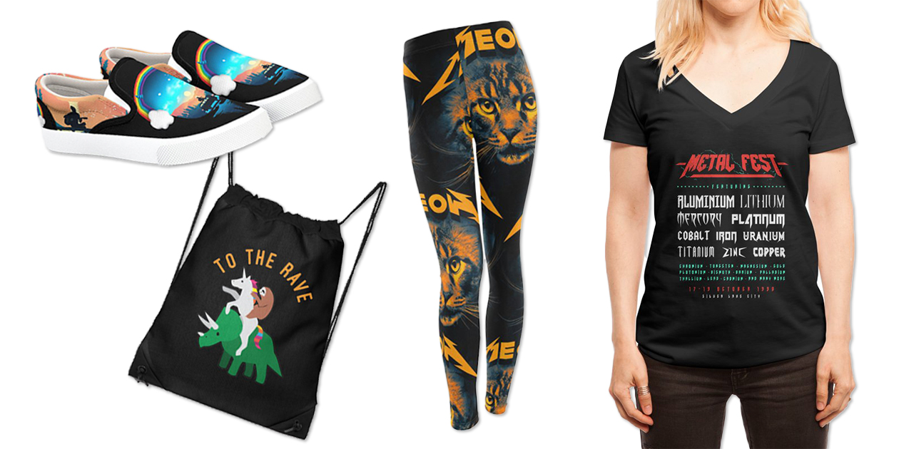 “My Secret Listener” Bucketfeet Shoes by alfbocreative, “To the Rave” Drawstring Bag by jasonapdua, “Meow” Women’s Leggings by nicebleed, and “Metal Fest” Women’s Deep V-Neck T-Shirt by Gamma-Ray