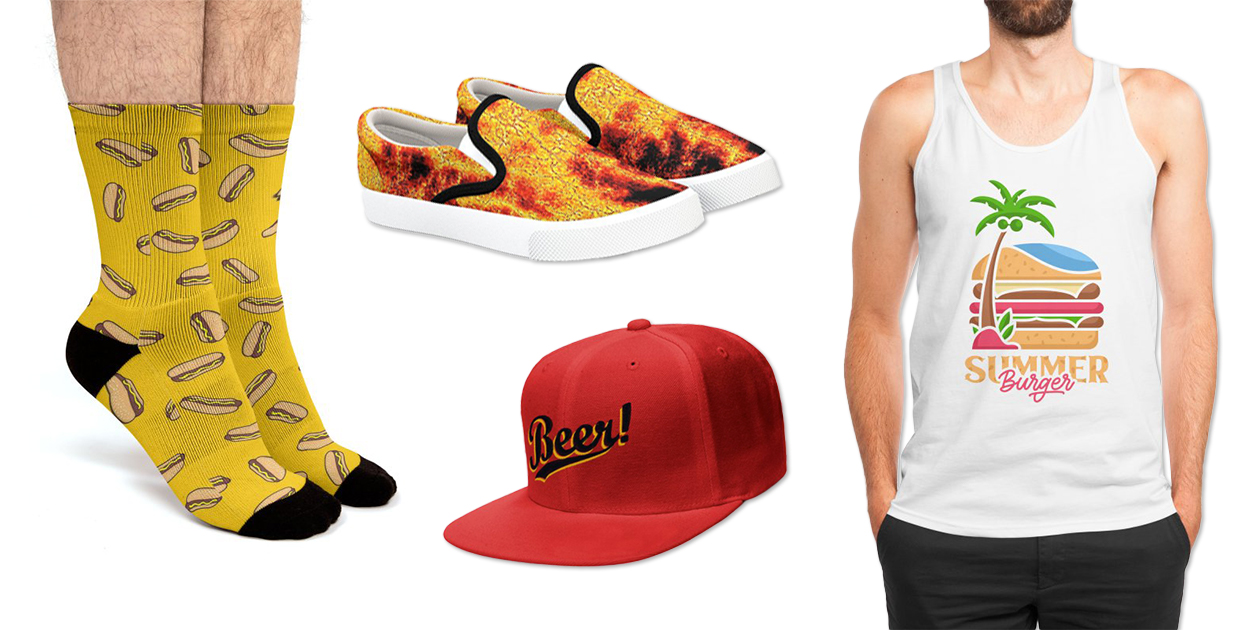 “Hotdog” Socks by sifis, “Abstract Flames” Bucketfeet Shoes by GittaG74, “Beer!” Snapback Cap by arzie13, and “Summer Burger” Men’s Regular Tank by Vektorkita