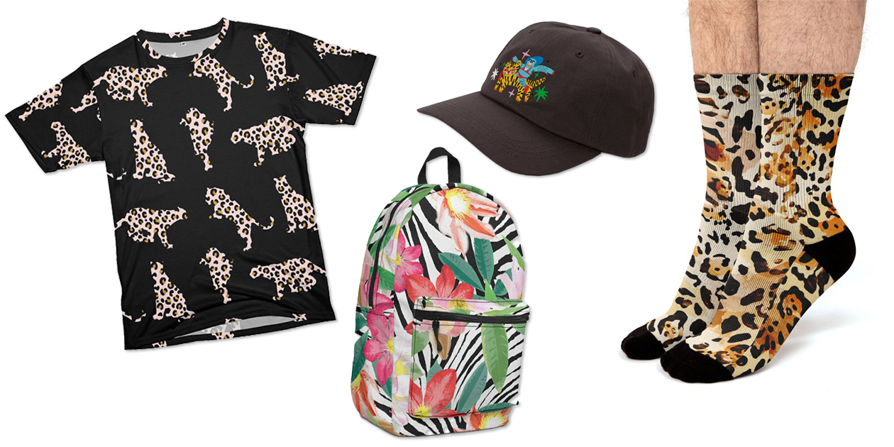 “Blush and Gold Leopard Silhouettes” Men’s Cut & Sew T-Shirt by carolinadiazb, “Zebra Station” Backpack by brownedog, “All Gender: Tiger Hat” Dad Hat by Char Bataille, and “Leopard Print 02” Socks by mmartabc