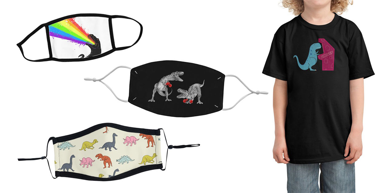 “Technicolour Rex” Youth Face Mask by electric_method, “T-Rex Boxing” Regular Face Mask by Mike Marshall, “Toy Dinosaur Pattern” Ultra Premium Face Mask by cecececececelia, and “Irony” Kids T-Shirt by TeoZ