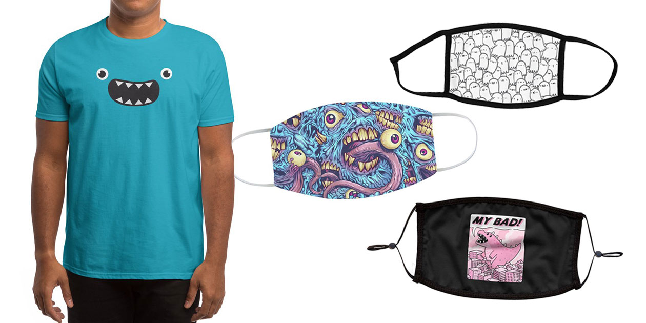 “OM NOM NOM!” Men’s Regular T-Shirt by badbugs_art, “Spooks” Youth Face Mask by lxromero, “Eyeballs and Teeth” Regular Face Mask by flylanddesigns, and “My Bad!” Premium Face Mask by timecowboy