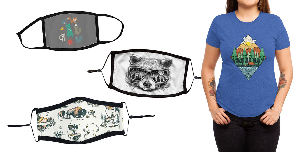 “Wildlife Observation” Youth Face Mask by maudieandma, “Moonglasses” Premium Face Mask by HabbyArt, “Yellowstone National Park Travel Pattern Design” Ultra Premium Face Mask by WGshop, and “Nature” Women’s Triblend T-Shirt by Coffee_man