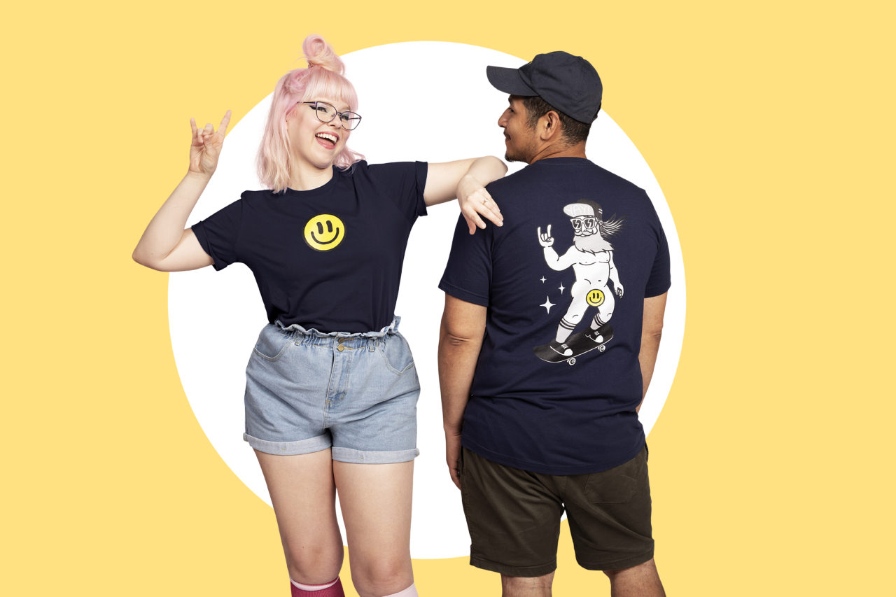 Two humans wearing a double-sided t-shirt featuring the design Censored Skater by Felix Pimenta