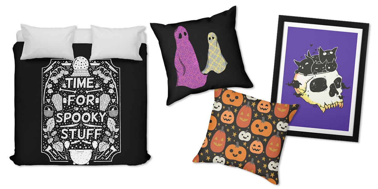 “Time for Spooky Stuff (WHITE)” Duvet by rupertbeard, “Sheets” Throw Pillow by PlasticFangs831, “Halloween Pumpkin Pattern” Throw Pillow by cecececececelia, and “Skull Full of Black Cat Kittens” Framed Fine Art Print by cellsdividing