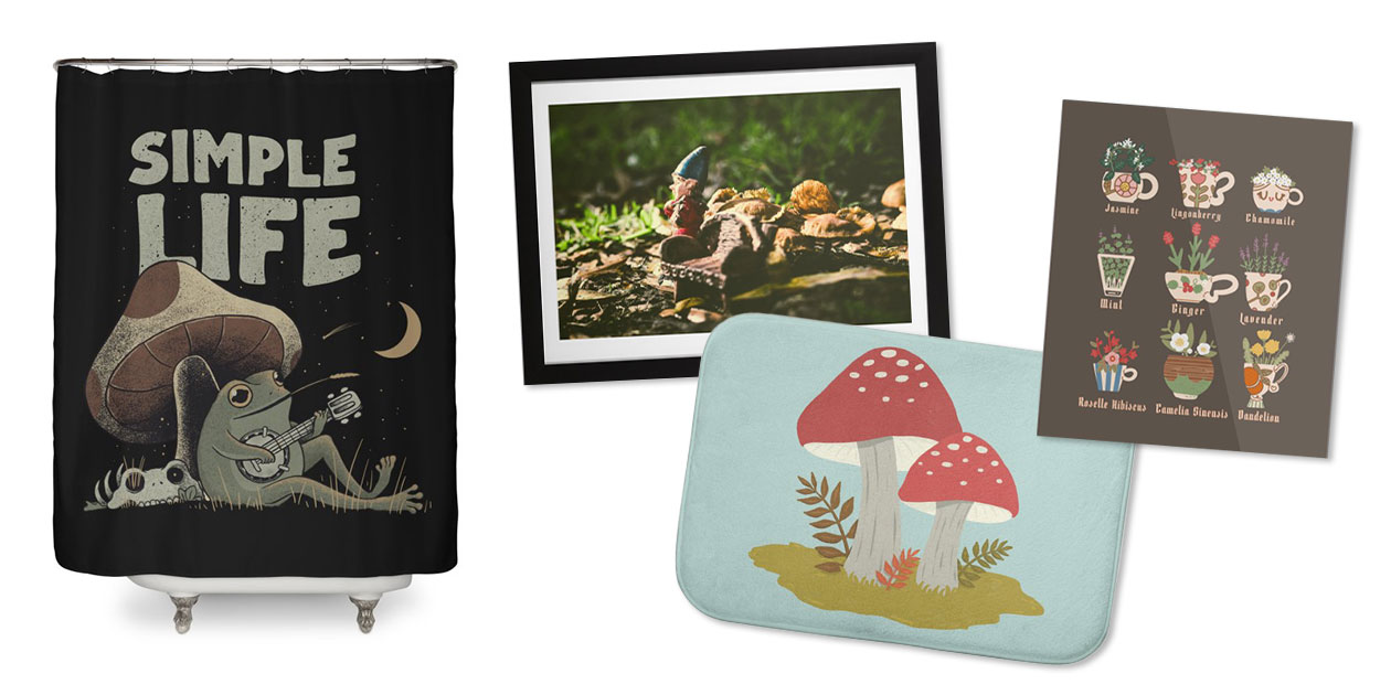 “Simple Life” Shower Curtain by ppmid, “Violin Playing Gnome” Framed Fine Art Print by aboland2011, “Vintage Mushrooms” Bath Mat by cecececececelia, and “Tea Botanicals” Mounted Aluminum Print by fluffymafi