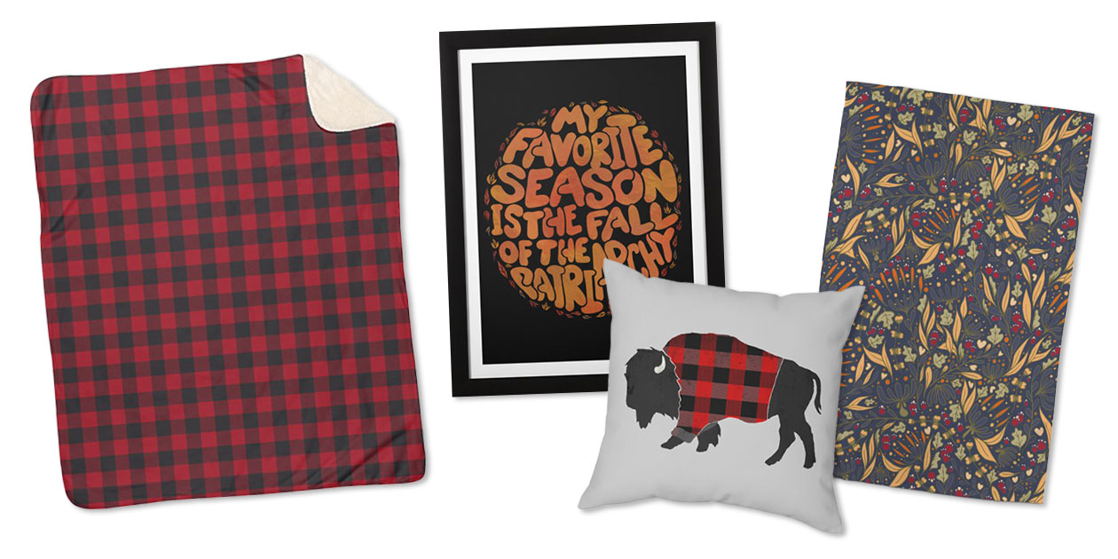 “Red Lumberjack Plaid” Sherpa Blanket by Irene_, “My Favorite Season is the Fall of the Patriarchy” Framed Fine Art Print by Lacychenault, “Buffalo Wearing Buffalo Plaid” Throw Pillow by birchandbark, and “Melting Pot” Rug by Grisciel