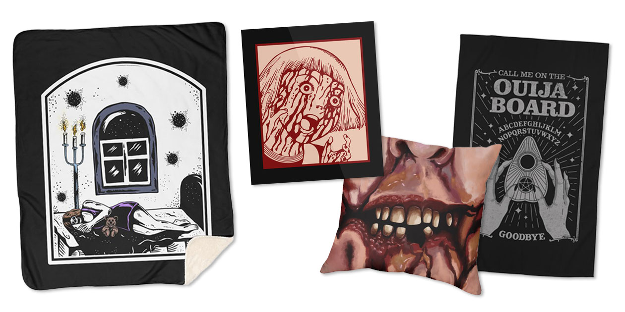 “Haunted House” Sherpa Blanket by monoorismstudio, “Bloodbath, Bloodlust” Mounted Aluminum Print by bvrdto, “Spooky Zombie Mouth” Throw Pillow by 2intoA, and “Ouija Board” Rug by thiagocorrea