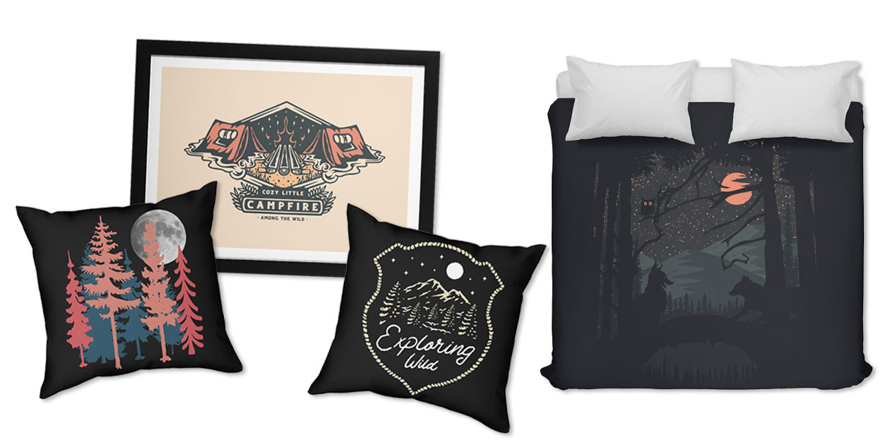 “Exploring Wild” Throw Pillow by Alexgunawan, “Cozy Little Campfire” Framed Fine Art Print by AmongTheWild, “Full Moon” Throw Pillow by Pallkris, and “Wild Date” Duvet by Oneredfox