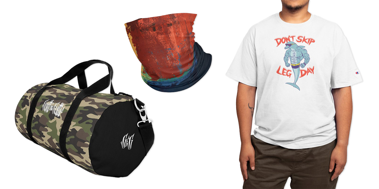 “Built For Battle: Camo Bag” Duffle Bag by mcninch, “Abstract Sunset” Neck Gaiter by Palkris, and “Leg Day” Champion® T-Shirt by wytrab8