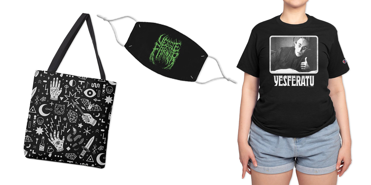 “Witchcraft” Tote Bag by lordofmasks, “Veggie Farmer” Regular Face Mask by BrootalBranding, and “Yesferatu” Champion® T-Shirt by dreadempire