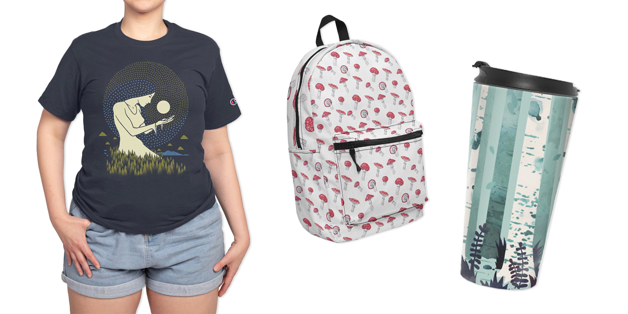 “Moonlight” Champion® T-Shirt by ArtistForAdam, “Amanita Dream” Backpack by _Doses, and “The Birches” Travel Mug by littleclyde