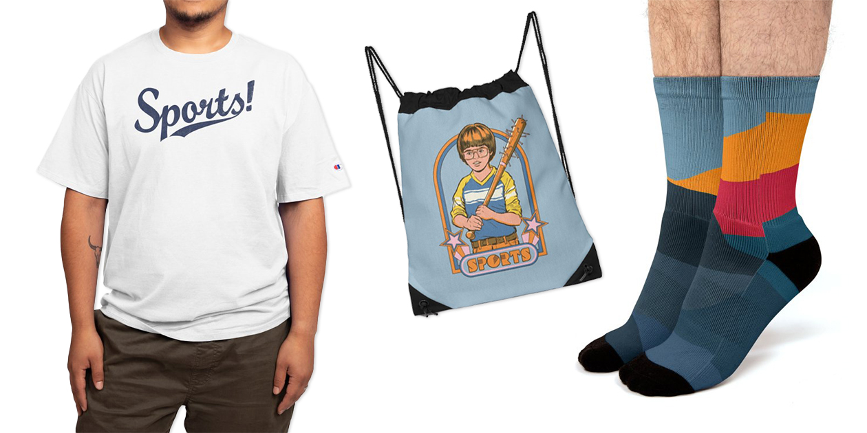 “Sports!” Champion® T-Shirt by mecawilson, “Extreme Sports” Drawstring Bag by Steven Rhodes, and “Yellow Hill” Socks by Bulo