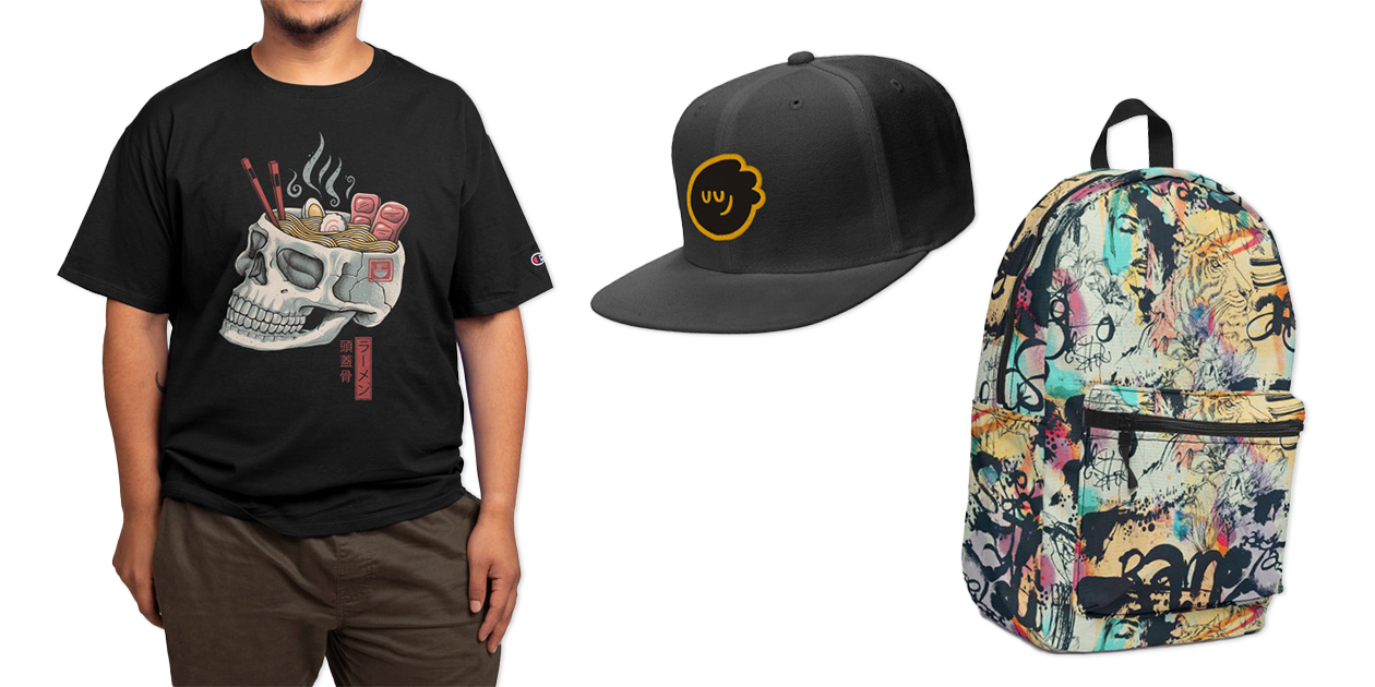 “Ramen Skull” Champion® T-Shirt by Vincent Trinidad, “Happy Chako” Snapback Cap by whackochacko, and “Graffiti is Strong and Brave” Backpack by mmartabc