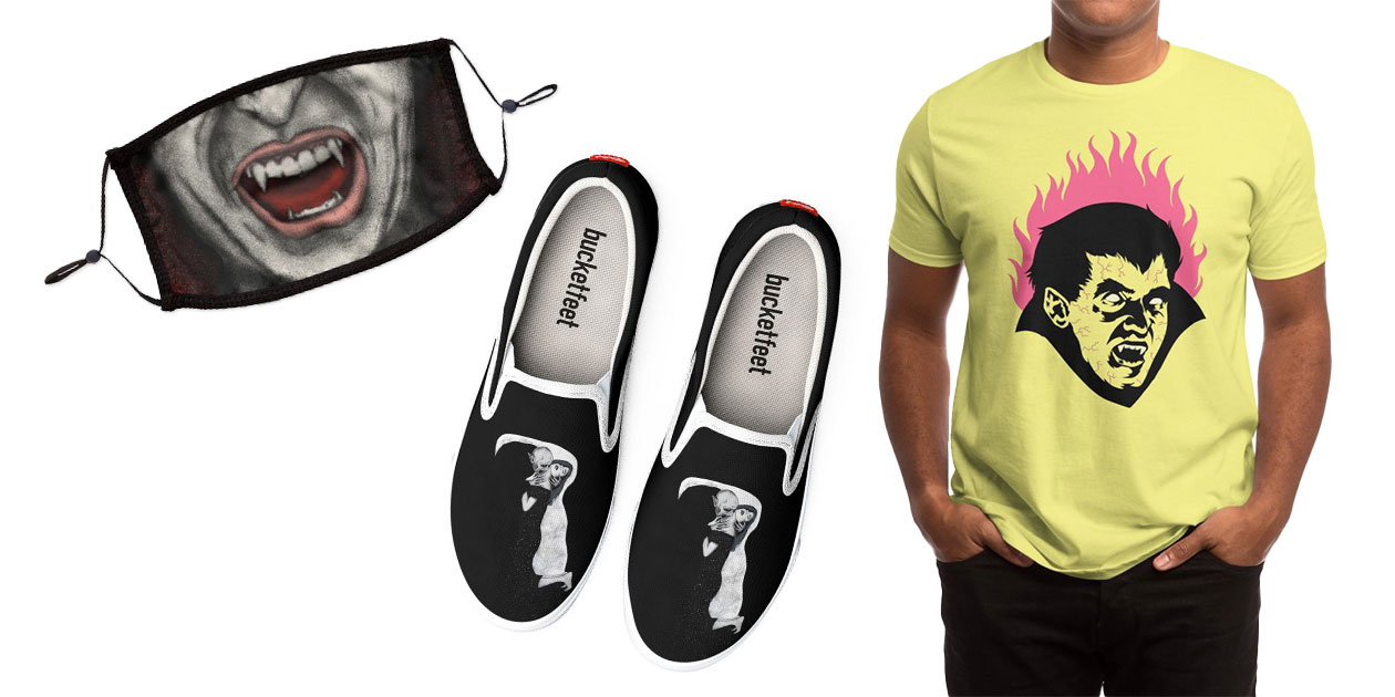 “Retro Inspired Count Dracula” Premium Face Mask by Ryandowellart, “The Eternal Kiss” Bucketfeet Shoes by Midnight Coffee, and “Vampire!” Men’s Regular T-Shirt by Woss