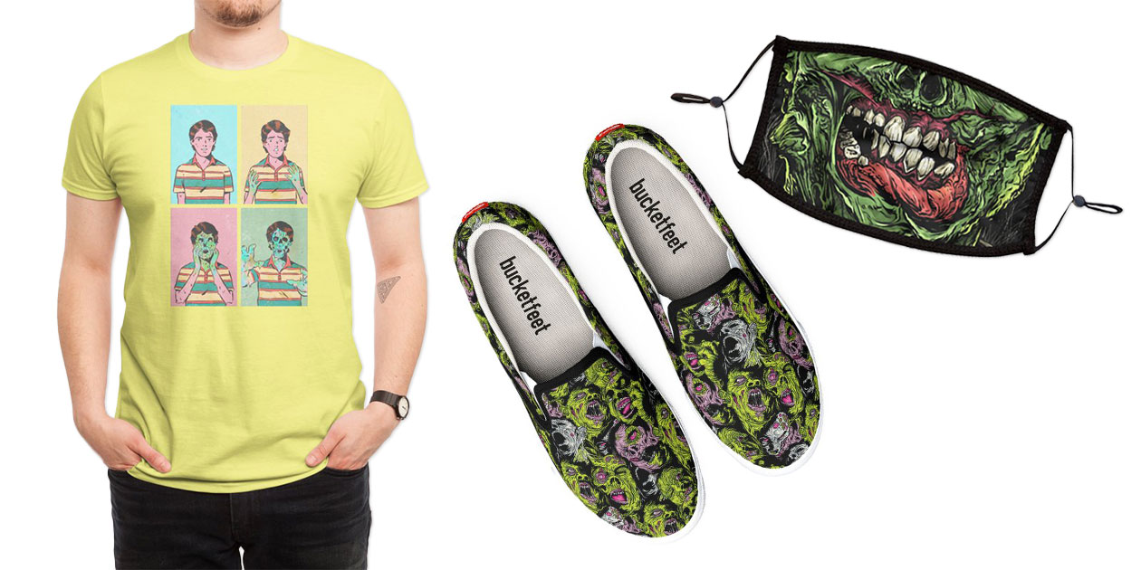 “Zombification” Men’s Regular T-Shirt by boo_arte and “Fight of the Living Dead” Bucketfeet Shoes and “Zombie Green” Premium Face Mask by zombiebacons